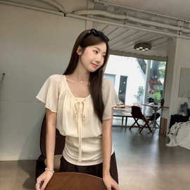 温柔风系带短袖上衣女2026夏季假两件拼接修身显瘦衬衣荷叶袖衬衫