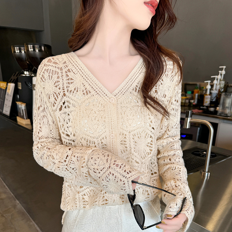Lightweight Embossed Cut Out Jacket for Women 2025 Spring and Summer Korean Sweet Thin Sun Protection Top Knitted Cardigan