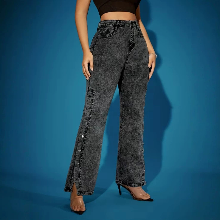 European and American Cross-Border Temu Foreign Trade Women's Mid-Waist Elastic Slit Flared Jeans for Women European and American Cross-Border Temu Foreign Trade Women's Mid-Waist Elastic Slit Flared Jeans for Women