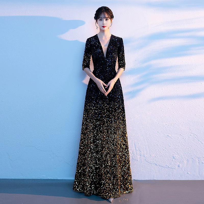 Elegant chorus costume women's modern long dress sequined command clothing slim slimming host evening dress