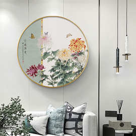 牡丹园 新中式玄关样板房装饰画牡丹国画中国红圆形花鸟客厅壁画