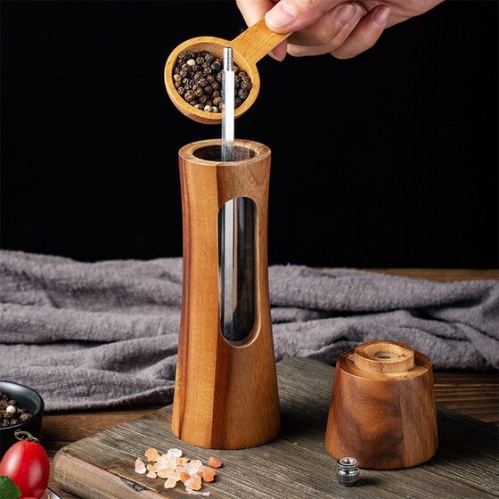 Acacia wood pepper grinder kitchen acrylic transparent pepper sea salt black pepper grinding ceramic grinding core seasoning bottle