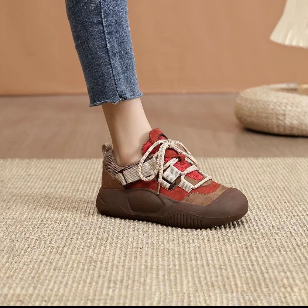 PLOVER zapatos deportivos de otoño para mujeres nuevos muffins retro suela gruesa, hermosa y hermosa, zapatos casuales antideslizantes al aire libre con suela suave