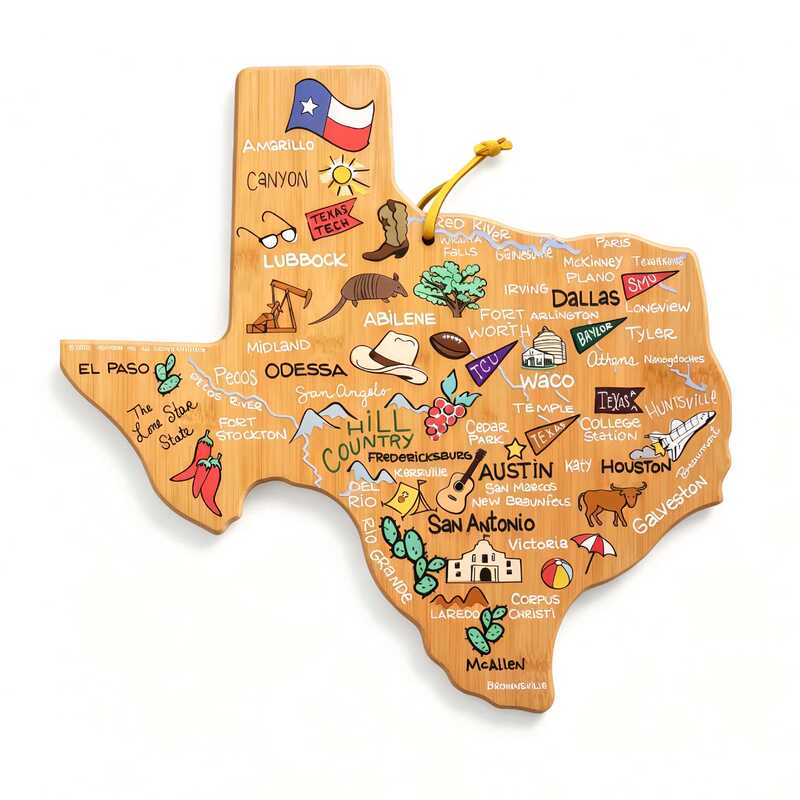Bamboo Texas-Shaped Cutting Board for Home Use, Wooden Map Cutting Board, Camping Food Board, Cheese Board