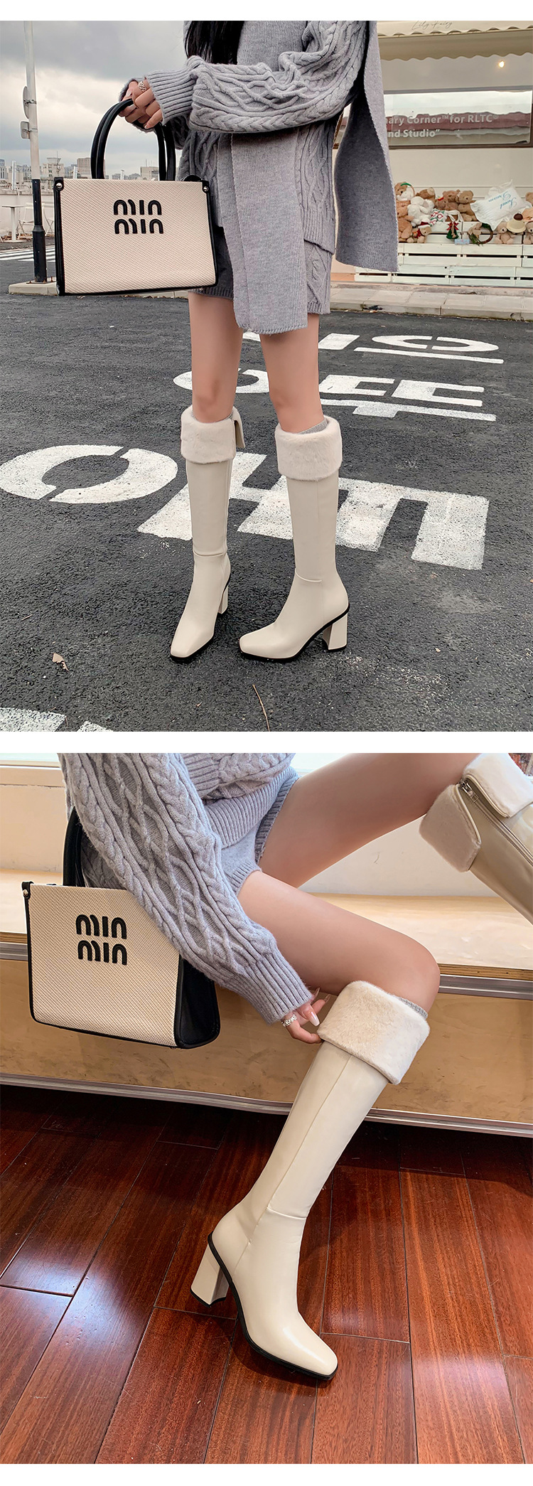 Boot nữ cổ cao mũi vuông gót dày da thật, phong cách hiệp sĩ, có thể gập ống — Lớp lót nhung đen chi tiết 15