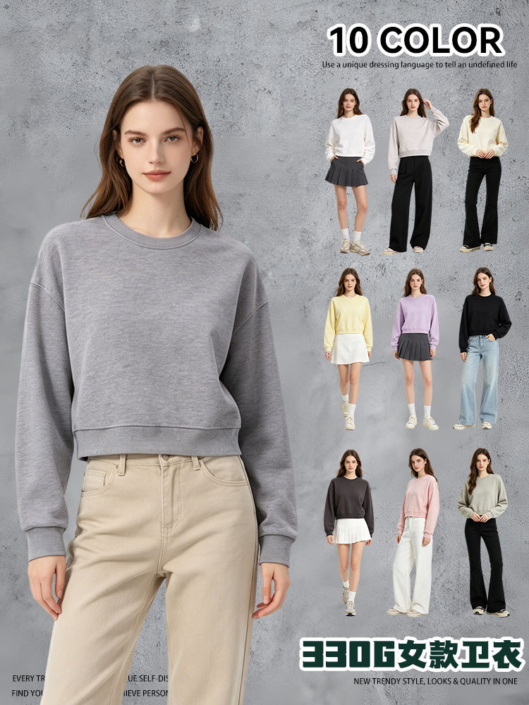 A principios de otoño pesado 330G gran lazo de cuello redondo ropa de mujer corta marca de moda de color sólido con cremallera sudadera con capuz al por mayor