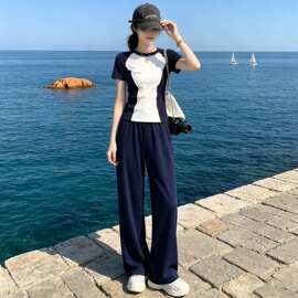拼色休闲运动套装女2026夏季简约高级感修身显瘦两件套运动穿搭