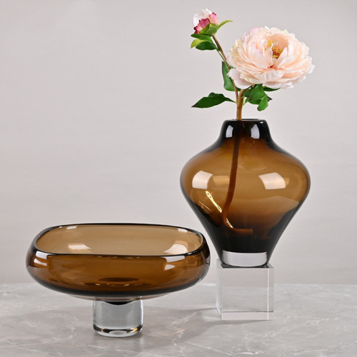 Modern light luxury tea color glass vase fruit bowl set decorative hotel model room entrance desktop soft decoration item