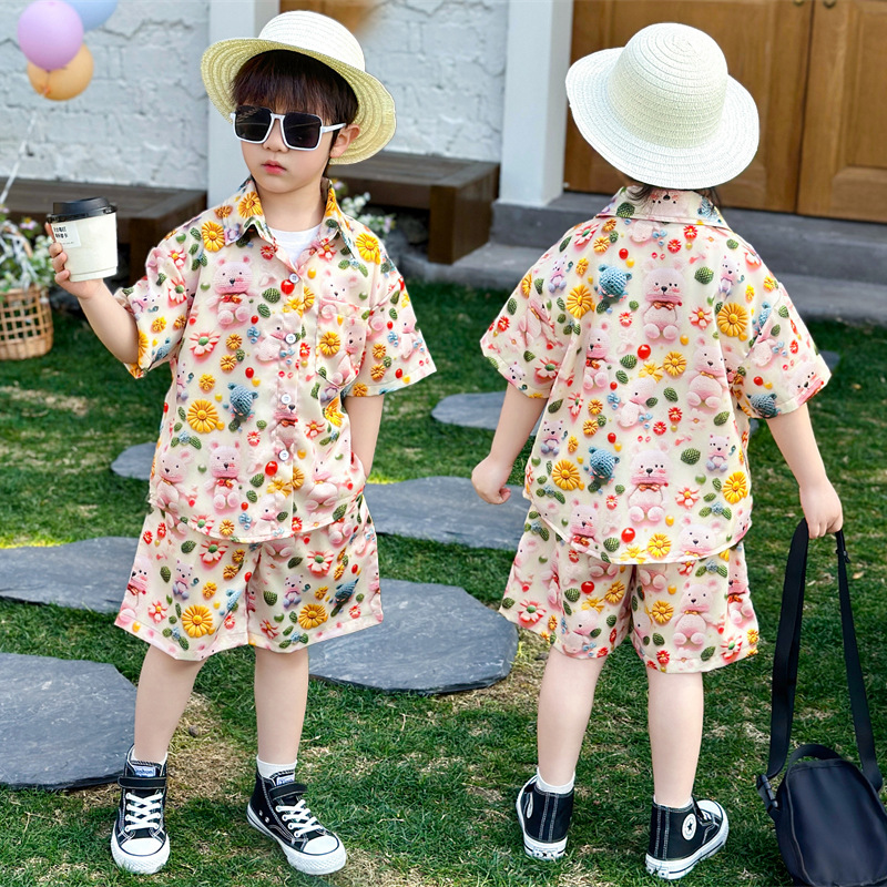 7122 Traje de chaleco para niños Camisa hawaiana de manga corta para niños Ropa de verano para bebés guapos Traje de tres piezas de verano