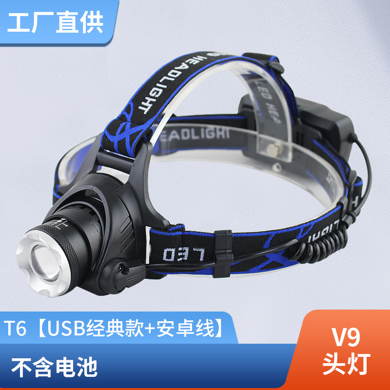 Procesamiento de faros de pesca personalizados, reflector de luz fuerte impermeable al aire libre, faros de sensor de carga con zoom telescópico T6