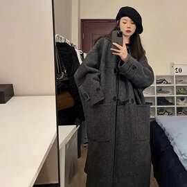 赫本风牛角扣毛呢外套女秋冬季2026新款感加厚呢子大衣小个子