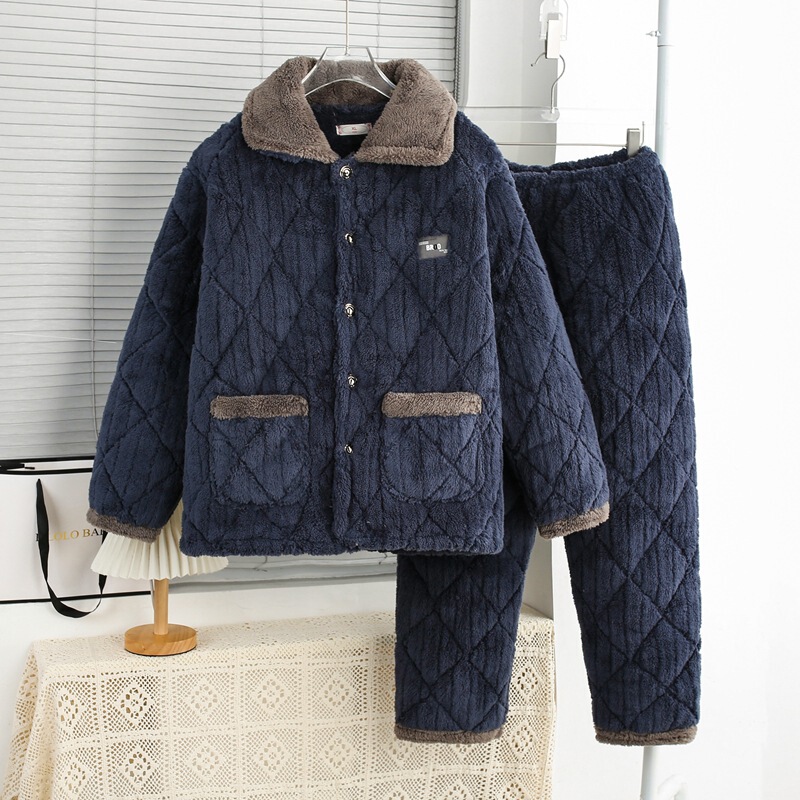 Winter men's flannel pajamas suit middle-aged and elderly three-layer padded cotton warm coral fleece home clothes wholesale