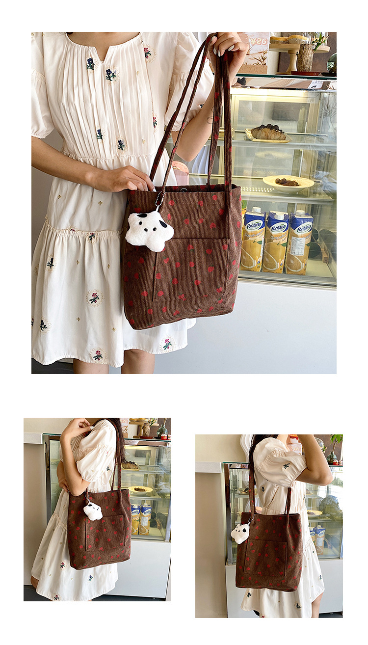 375g Weight Polyester Lining Material Magnetic Buckle Closure Type Double Shoulder Straps Strap Type Bucket Bag Bags Type Holiday, Daily Occasion Corduroy Material Strawberry Pattern Spring&Summer Season Women's Gender Cute Style Square Shape Medium Size Women's Medium Corduroy Strawberry Cute Square Magnetic Buckle Bucket Bag 16
