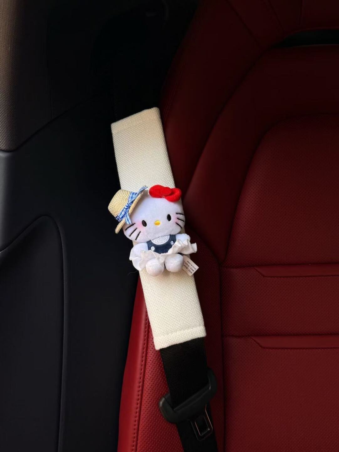 Cute Straw Hat Kitty Cat Safety Belt Shoulder Cover Spring Outing Doll Car Interior Decoration High-End Female