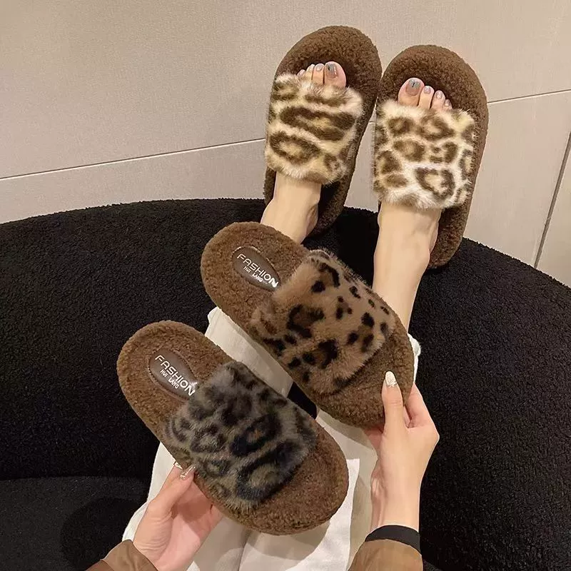 Леопардовый шерстяной тапочки женский снаружи 2024 осень-зима новая мода толстая подошва снаружи носить комнатные теплые плюшевые хлопчатобумажные тапочки
