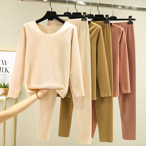 Winter Thicken Constant Temperature Slim Fit Solid Color Autumn Trousers Set Two-Piece Double-Faced Fleece Round Neck Warm Innerwear Set