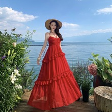 度假风红色v领吊带连衣裙女夏季辣妹露背沙滩裙显瘦高腰a字长裙