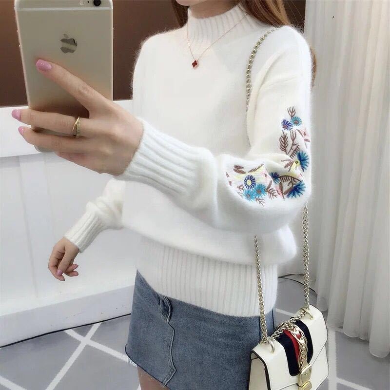 Suéter de punto de manga larga con cuello medio alto, estilo coreano, versátil, holgado y bordado para mujer, nueva colección otoño-invierno 2026