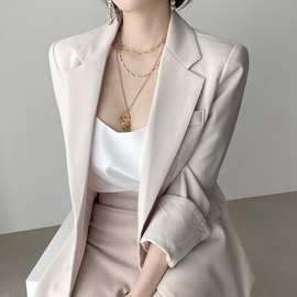 韩国chic早秋法式气质西装领双口袋宽松休闲职业西服长袖开衫外套