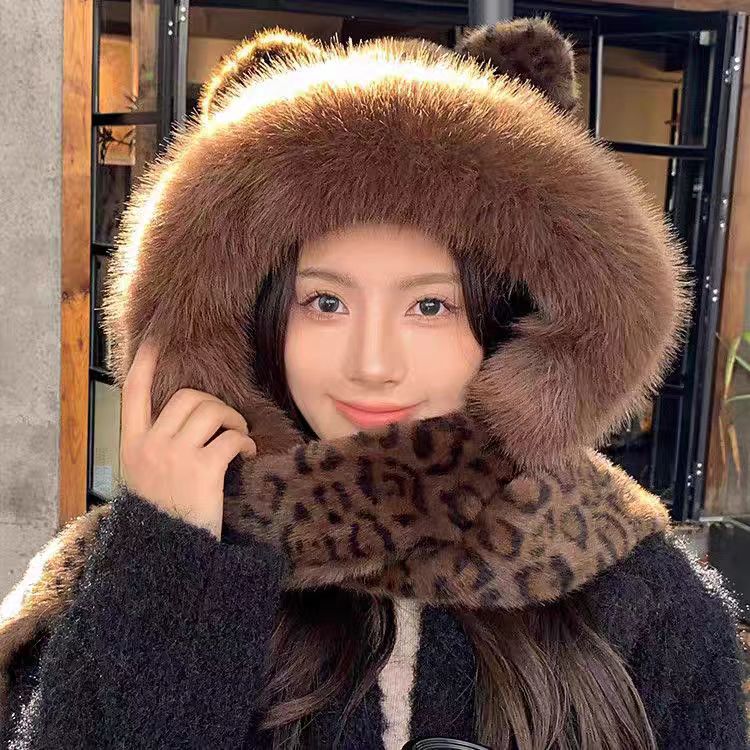 Invierno nuevo oso orejas gorra de peluche leopardo gorra bufandas sombrero de mujer en un espesor de protección de orejas caliente gorra Thunderfeng