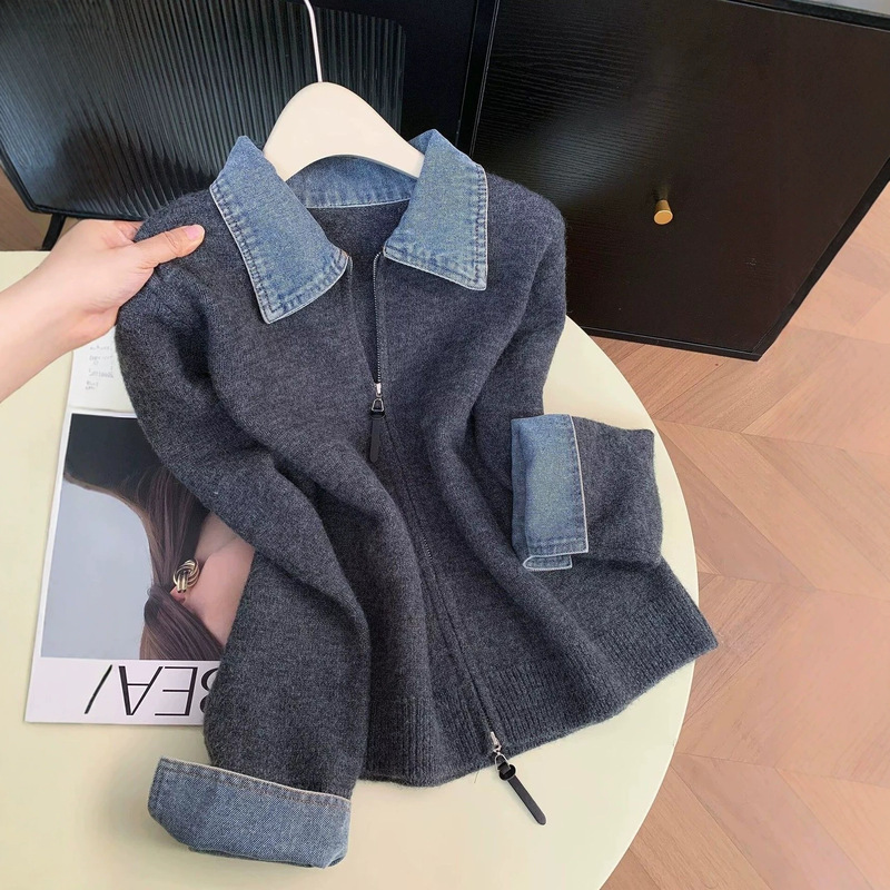 【Yangyang Family】Women's Cardigan Jacket, Faux Two-Piece Denim Zipper Top, Stylish Knit Sweater for Autumn 【Yangyang Family】Women's Cardigan Jacket, Faux Two-Piece Denim Zipper Top, Stylish Knit Sweater for Autumn