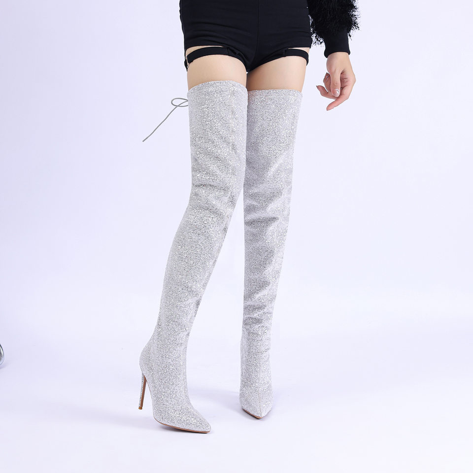 Bốt cao quá gối nữ gót nhọn mũi nhọn đính kim sa phong cách thời trang — Màu bạc, Màu hồng, màu đen chi tiết 8