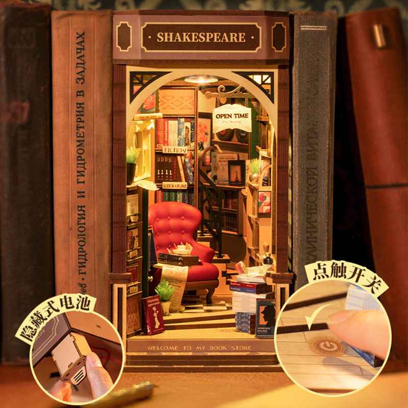 Ruolai luz picking librería libro soporte 3D rompecabezas tridimensional miniatura DIY cabaña madera ensamblada modelo casa bloques de construcción Juguetes