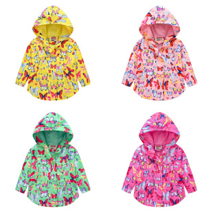 Autumn New Girls Butterfly Print Waist Jacket Girls Double Layer Hooded Zipper Shirt Fashionable Windbreaker Jacket