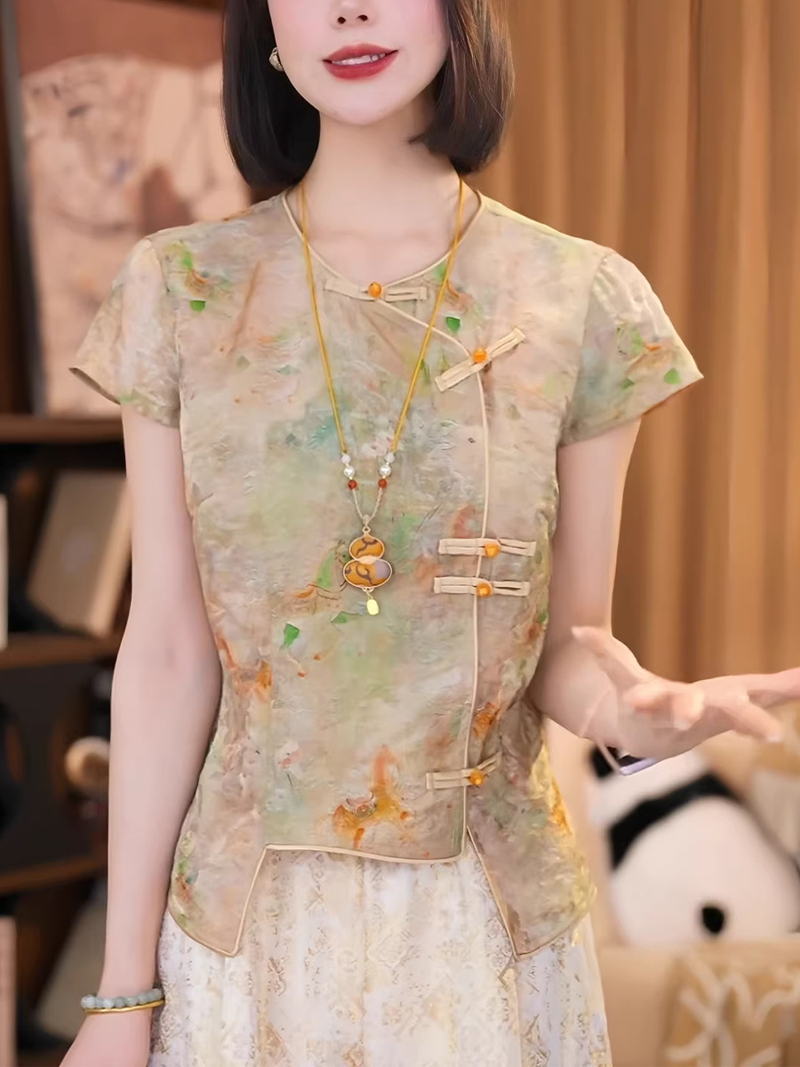 Áo sơ mi nữ ngắn tay lụa Jacquard Guofeng nút áo nhỏ Hương Vân Sa — Màu ảnh