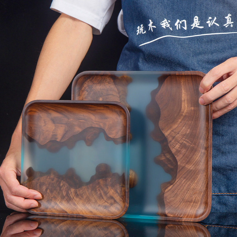 Nogal resina bandeja rectangular de madera maciza plato de fruta de resina luz moda de lujo simple regalo del hogar fábrica al por mayor