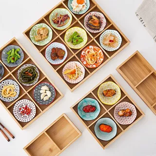 围炉竹木九宫格餐具碟子火锅店酱料分格餐盘蔬菜托盘烤肉木盘拼盘