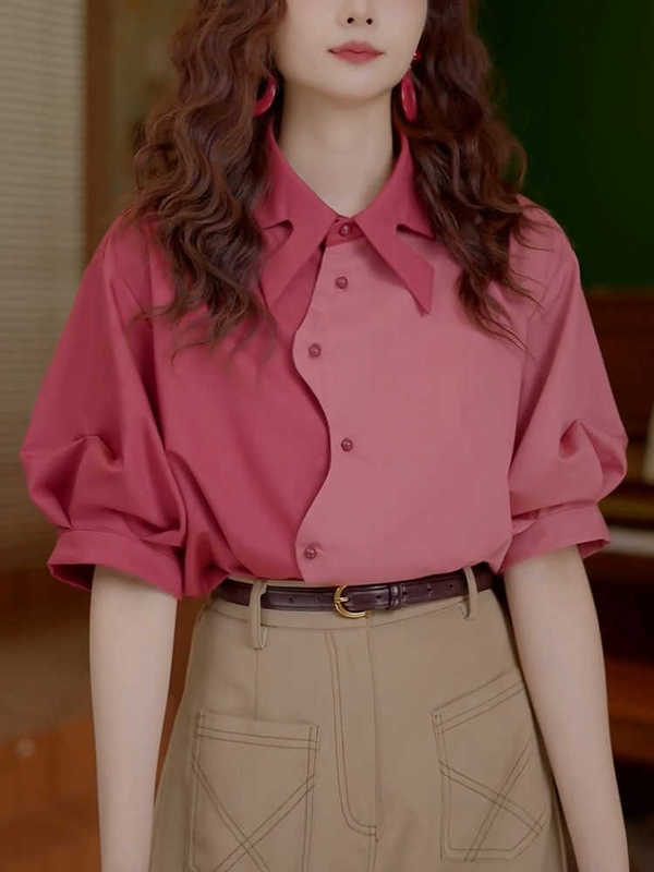 Hong Kong Style Retro Fashion Age-Reducing Girly Short-Sleeved Shirt Women's Summer New Design Color Matching Loose Top