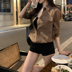 咖色长袖宽松轻薄透气知性风衣服休闲松弛感衬衫上衣+短裤其他