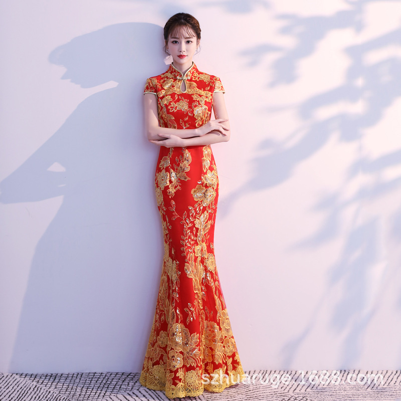 2024 New Summer Red Fishtail Cheongsam Long Bridal Slimming Look Chinese Wedding Dress Wedding Toast Dress for Women