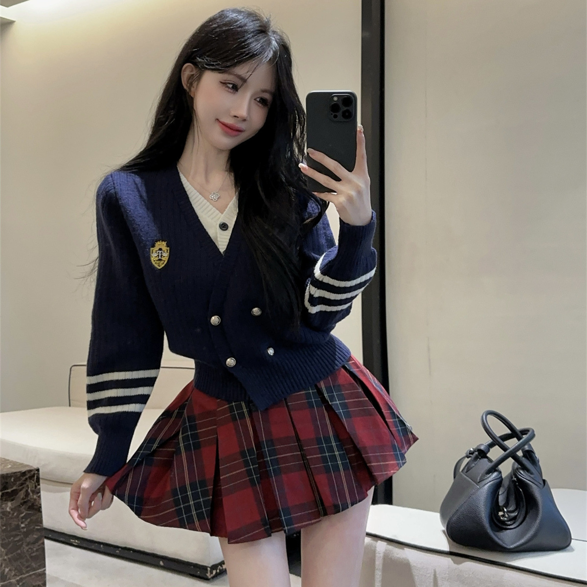 Korean-style Academy Style Hot Girl suit Age-reducing Double-breasted Fake Two-piece Knitted Cardigan Jacket All-match Plaid Skirt