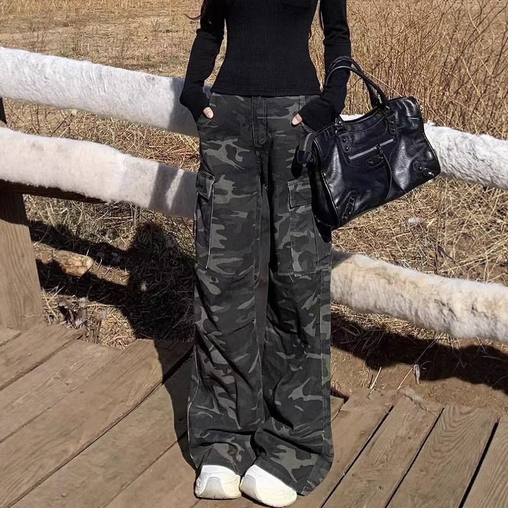 American-Style Flared Camouflage Cargo Pants for Women, Spring and Summer New High-Waisted Multi-Pocket Pleated Wide-Leg Jeans, Floor-Length Pants