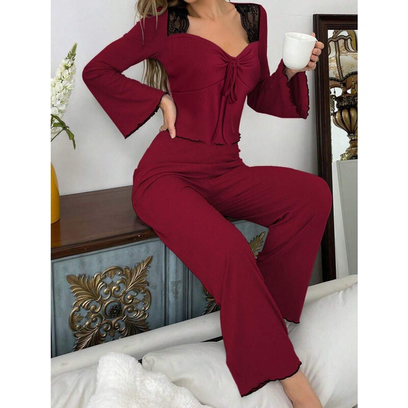 European and American Cross-Border 2026 Summer New Lace Patchwork Flared Sleeve Top High-Waisted Wide-Leg Pants Casual Loungewear