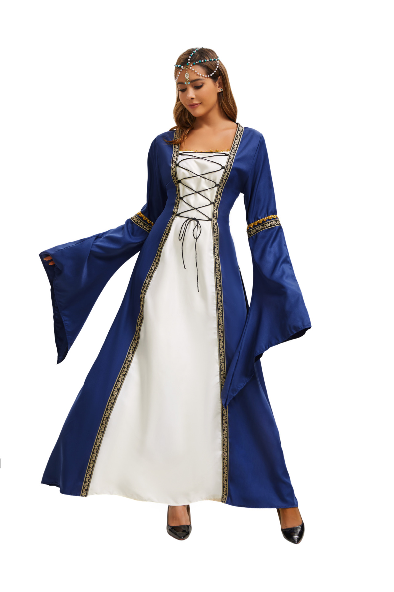 Robe longue de style européen et américain 2025, col carré, manches évasées, style gothique rétro, vêtements pour femmes, robe de cour médiévale_voghion.com