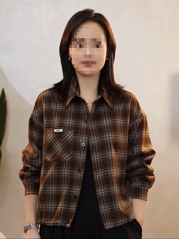 时尚复古外贸格子衬衫女长袖秋装新款休闲百搭衬衣宽松遮肚子外套|undefined
