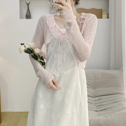 Sweet and versatile lace collar bow tie ice silk knit short open cardigan women's summer thin dress outer small shawl 