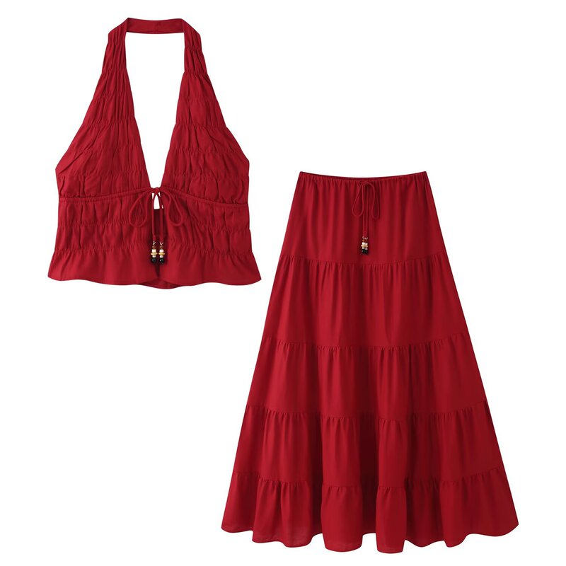 Pb&Za Foreign Trade Women's Clothing Beaded Lace-Up Halter Neck Sexy Tank Top + Pleated Midi Skirt Set