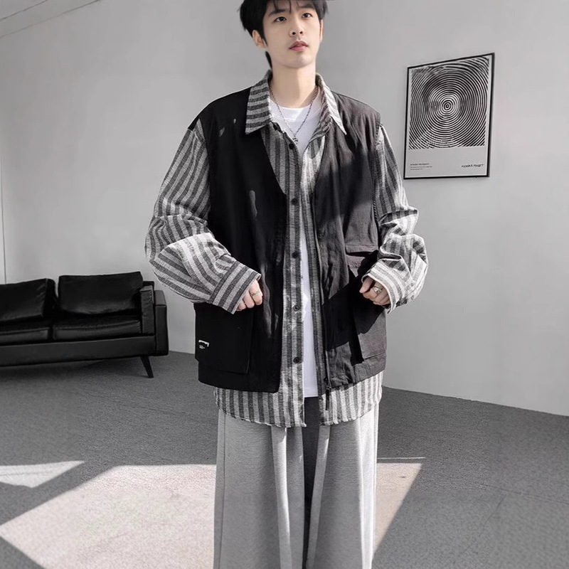 Fake Two-Piece Vest Tooling Shirt Men's Loose Retro Trendy Brand Japanese Striped Shirt Stitching Casual Jacket