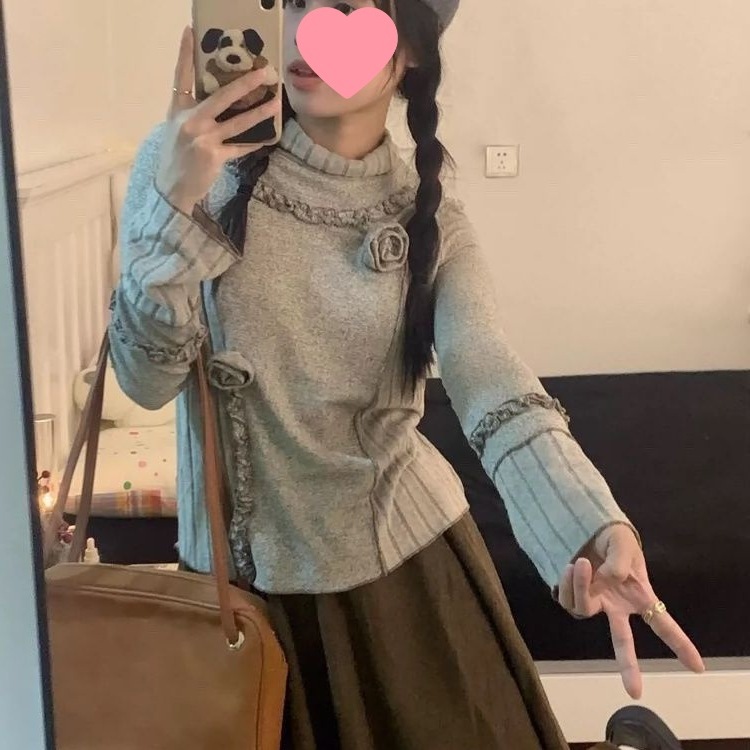 Early Autumn Natural Stacked Neckline Bottoming Shirt Knitted Patchwork Top for Women