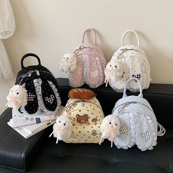 New Korean-Style Polka Dot Droopy-Eared Rabbit Backpack with Lace Trim, Sweet and Girly, Lightweight Travel Small Backpack