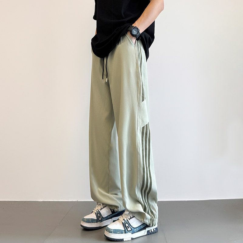 Men's Summer 2025 New Straight Casual Pants Trendy Brand Striped Sweatpants Ins Drape Ice Silk Floor-Length Pants
