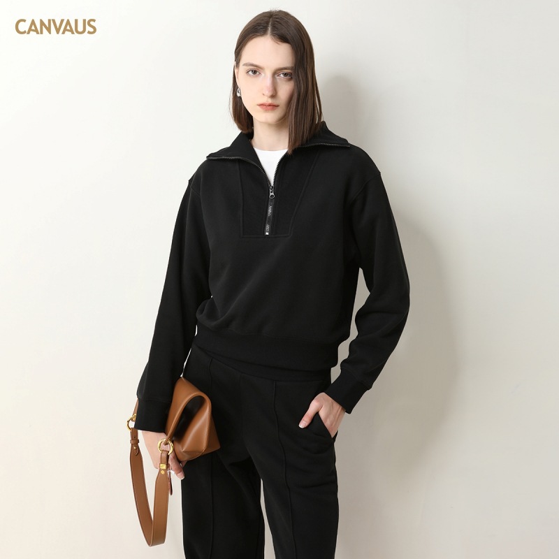 CANVAUS medio cuello abierto cremallera suéter forrado de lana de las mujeres Otoño e Invierno gota hombro manga larga suelta capa de color sólido simple superior