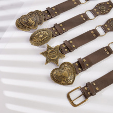 欧美复古街头时尚镂空圆环PU皮革拼接特色收腰皮带百搭钉珠女腰带