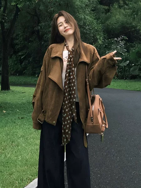 Vintage Suede Motorcycle Jacket for Women, Loose Fit with Turn-down Collar, Stylish and Relaxed Silhouette Top for Autumn