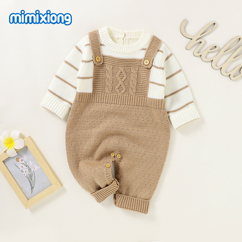 ins热卖新款婴幼童针织条纹假两件哈衣爬服|undefined