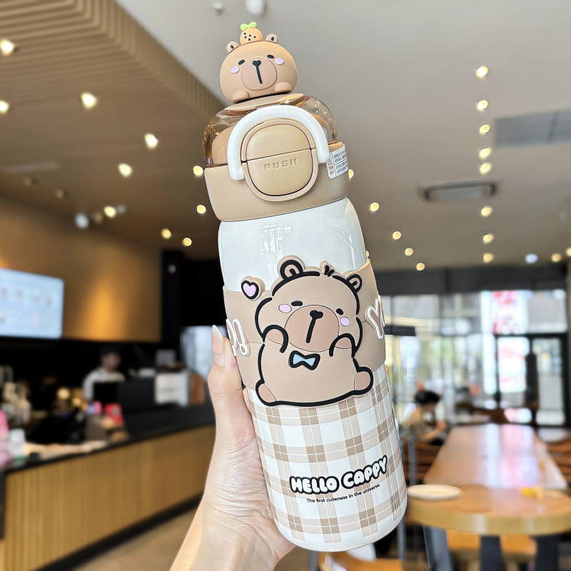 かわいい Kapibara チェック柄学生ポータブル魔法瓶カップロックデザインワンカップダブルドリンクシリコンノズル飲料カップ|undefined